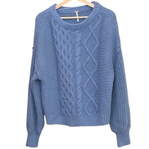 Free People Chunky Cable Knit Blue Sweater Slouchy Pullover Small Cozycore